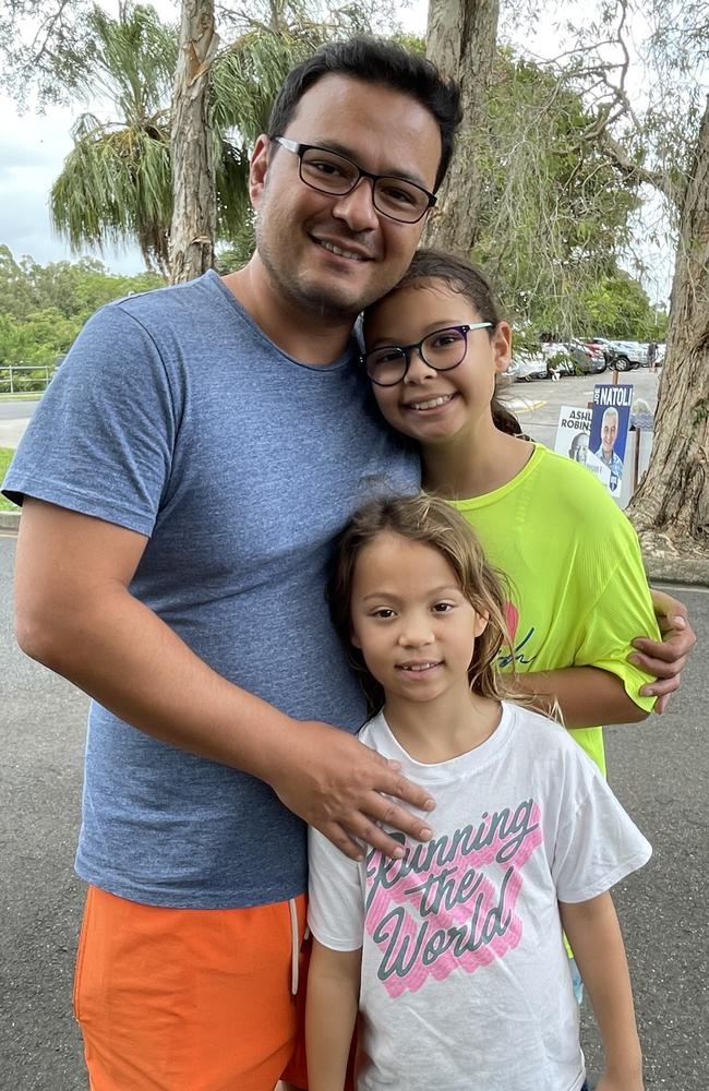 Maroochydore resident Fabio Paulucci was voting at Maroochydore, with his kids in tow. Picture – Iwan Jones.