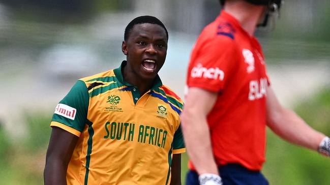 South Africa's Kagiso Rabada celebrates a wicket against England. Photo by Chandan Khanna / AFP.
