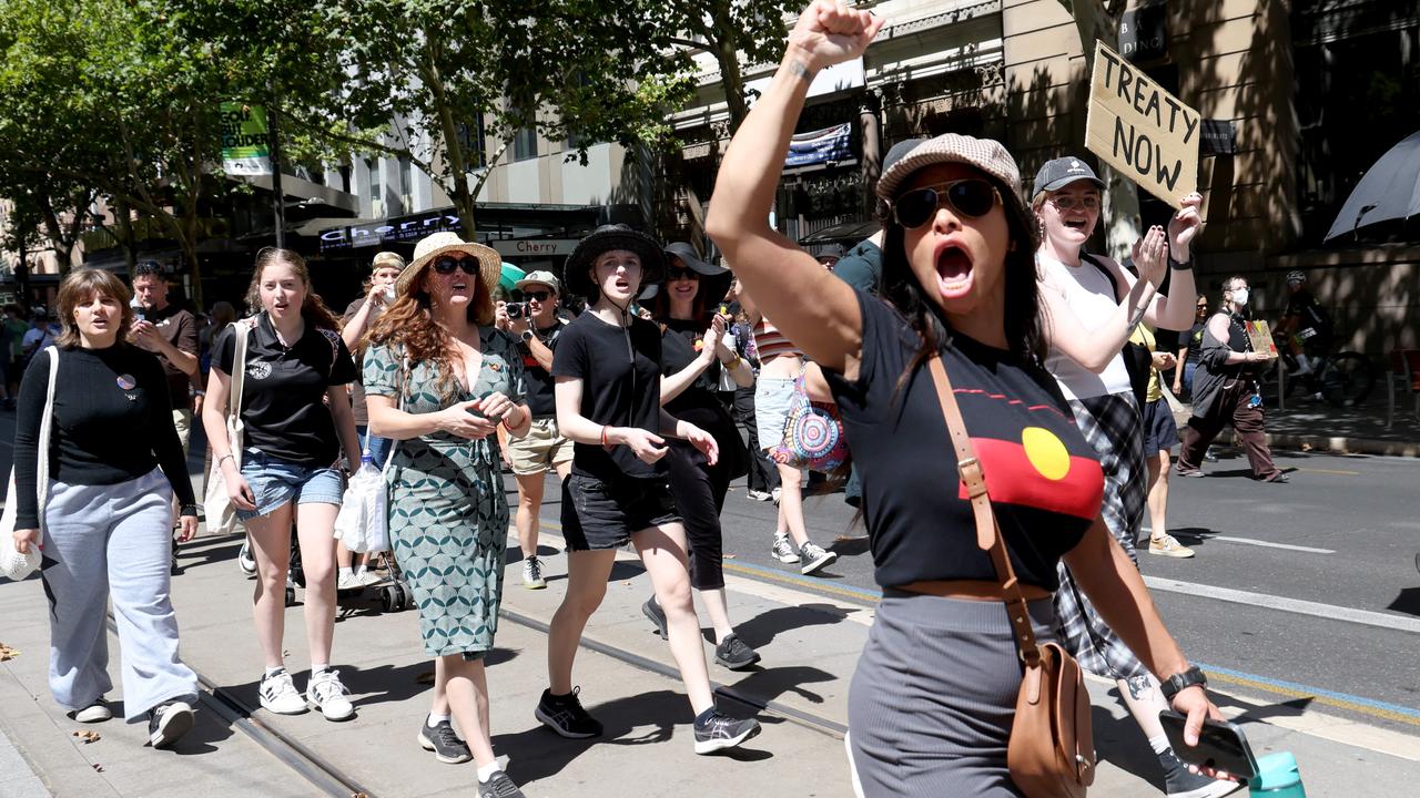 People walk the survival day March from Victoria Square down North Terrace. Picture: Kelly Barnes