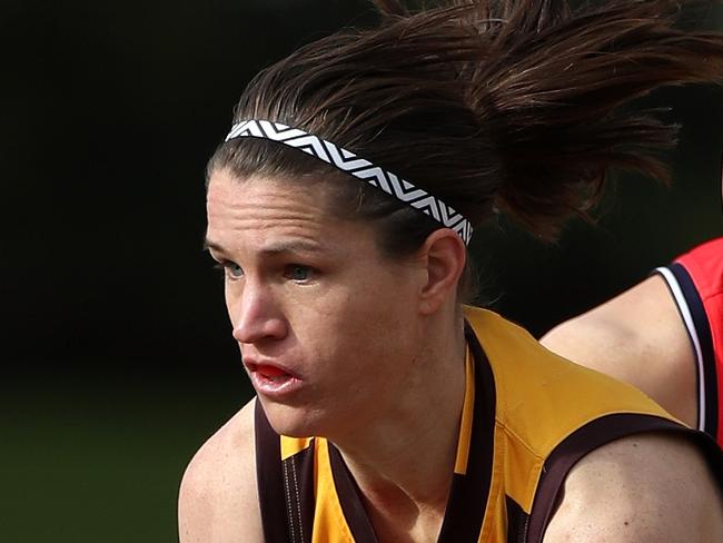 Emma Mackie of Box Hill breaks out of a pack during the VFL Womens football match between Darebin Falcons and Box Hill played at Westgarth Street Northcote on Sunday 25th June, 2017. Picture: Mark Dadswell