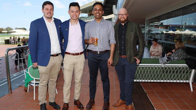 MELBOURNE, AUSTRALIA – OCTOBER 16 2024 George, Jeremy, Rob and Leon at the Caulfield Social race day at Caulfield racecourse on Wednesday 16th October, 2024 Picture: Brendan Beckett