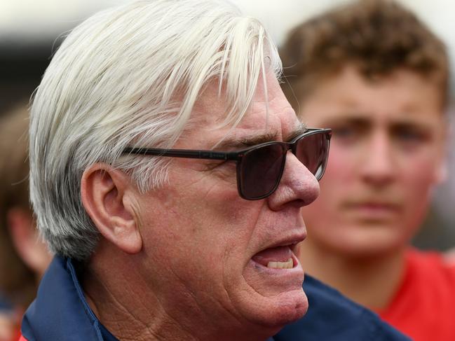 Montrose coach Gary Ayres speaks to his players during the 2023 Eastern Football Netball League 1st Division Seniors Semi Final match between South Belgrave and Montrose at Tormore Reserve in Boronia, Victoria on August 26, 2023. (Photo by Josh Chadwick)