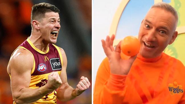 Dane Zorko and Anthony Field celebrate. Photo: Twitter, Wiggles and Getty.