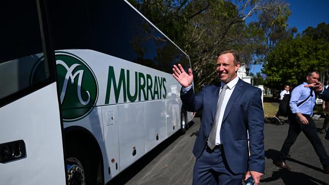 Premier Miles rode a bus to Government House to spruik cheap fares. Picture: Dan Peled / NewsWire