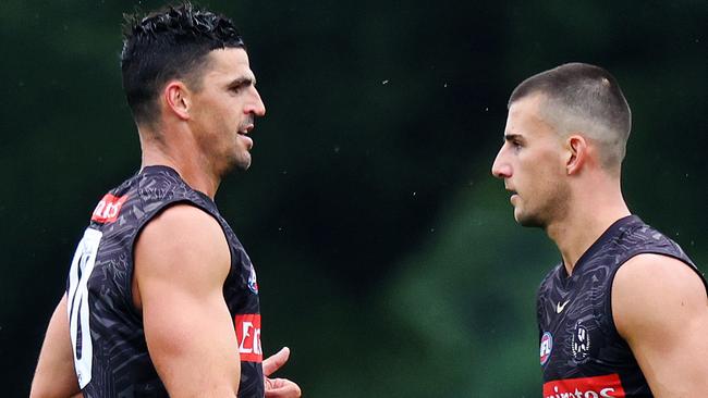 MELBOURNE, NOVEMBER 25, 2024: Collingwood pre-season training at Olympic Park. Scott Pendlebury, Nick Daicos. Picture: Mark Stewart