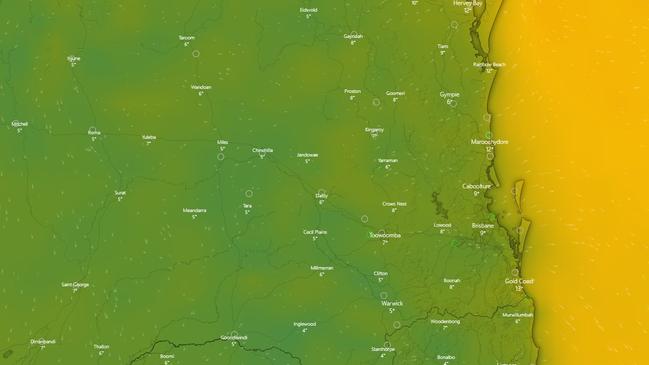 Temperatures across the South East and into Western Queensland on Wednesday morning. Picture: Windy