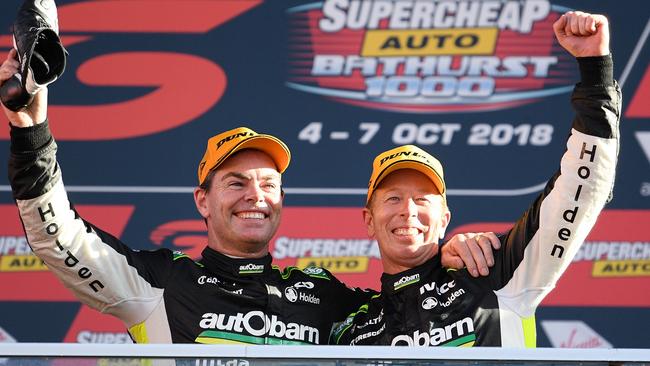 Craig Lowndes and Steve Richards after winning the 2018 Bathurst 1000. (Photo by Daniel Kalisz/Getty Images)