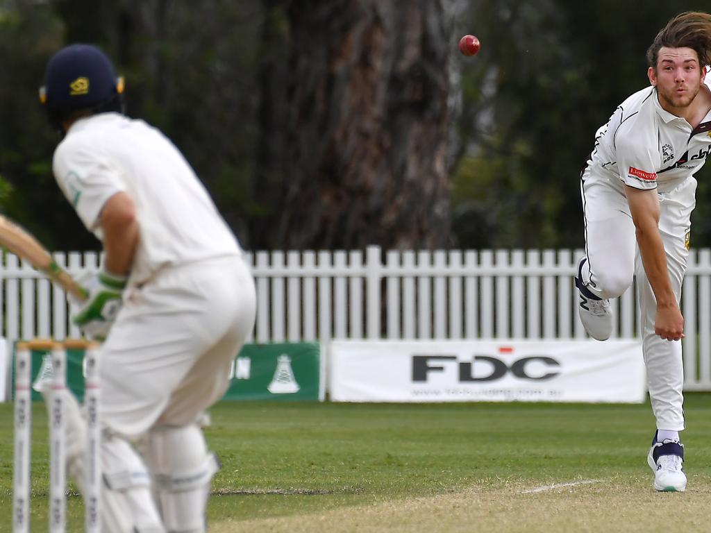 University bowler Harry Wood University v Ipswich in the Sci-Fleet first grade competition. Saturday October 1, 2022. Picture, John Gass