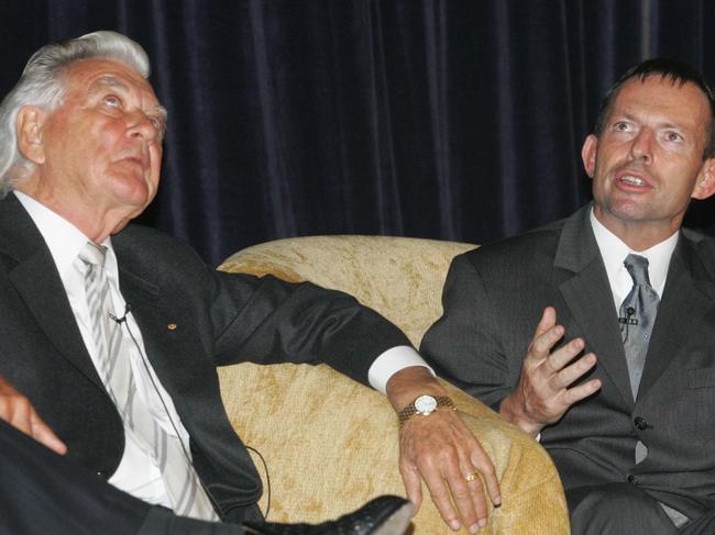 Tony Abbott (R) and former prime minister Bob Hawke in Sydney during Oxford Business Alumni debate. Picture: Supplied