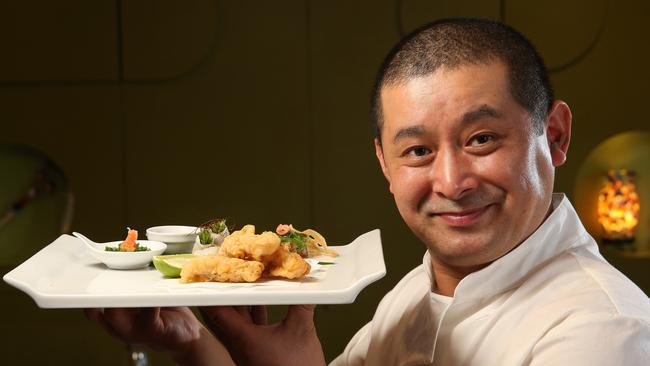 Chef Kenji Ito brings up a fugu dish at his Kenji restaurant in Adelaide. Picture: Calum Robertson.