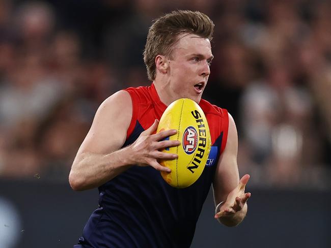 MELBOURNE, AUSTRALIA - August 18, 2023. AFL .   James Jordon of the Demons during the semi final match between Melbourne and Carlton at the MCG in Melbourne, Australia.  Photo by Michael Klein.