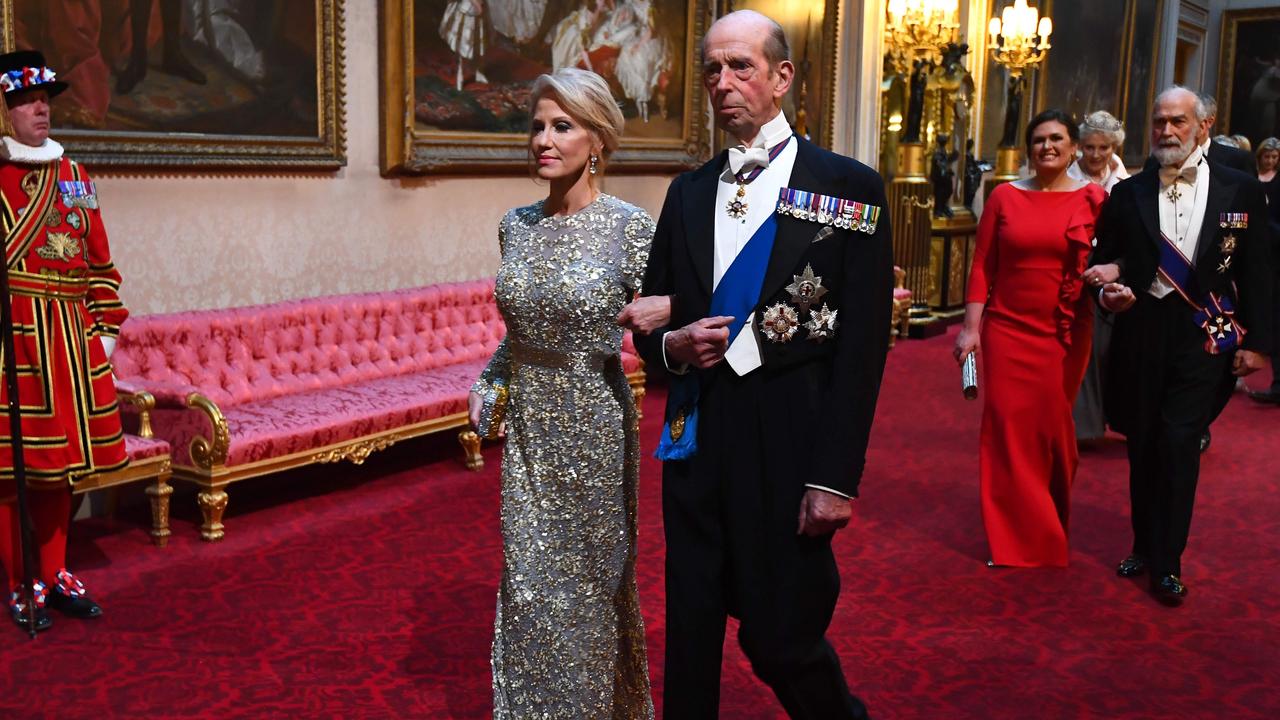 Conway and Britain’s Prince Edward, Duke of Kent, arrive through the East Gallery during a State Banquet in the ballroom at Buckingham Palace in central London on June 3, 2019, on the first day of the US president and First Lady’s three-day State Visit to the UK. Picture: AFP