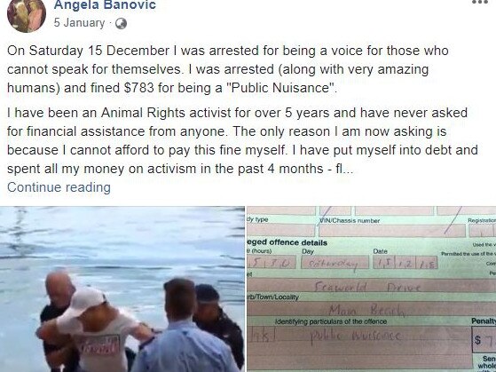 A Facebook post by Angela Banovic asking for donations to help pay a fine she incurred while protesting at Sea World. 