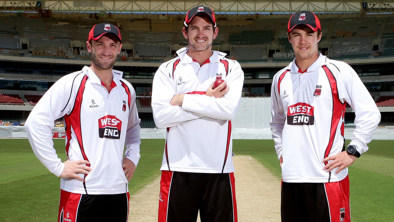 Phil Hughes, left, with Chadd Sayers and Travis Head in 2013, playing for the Redbacks. Picture: Sarah Reed