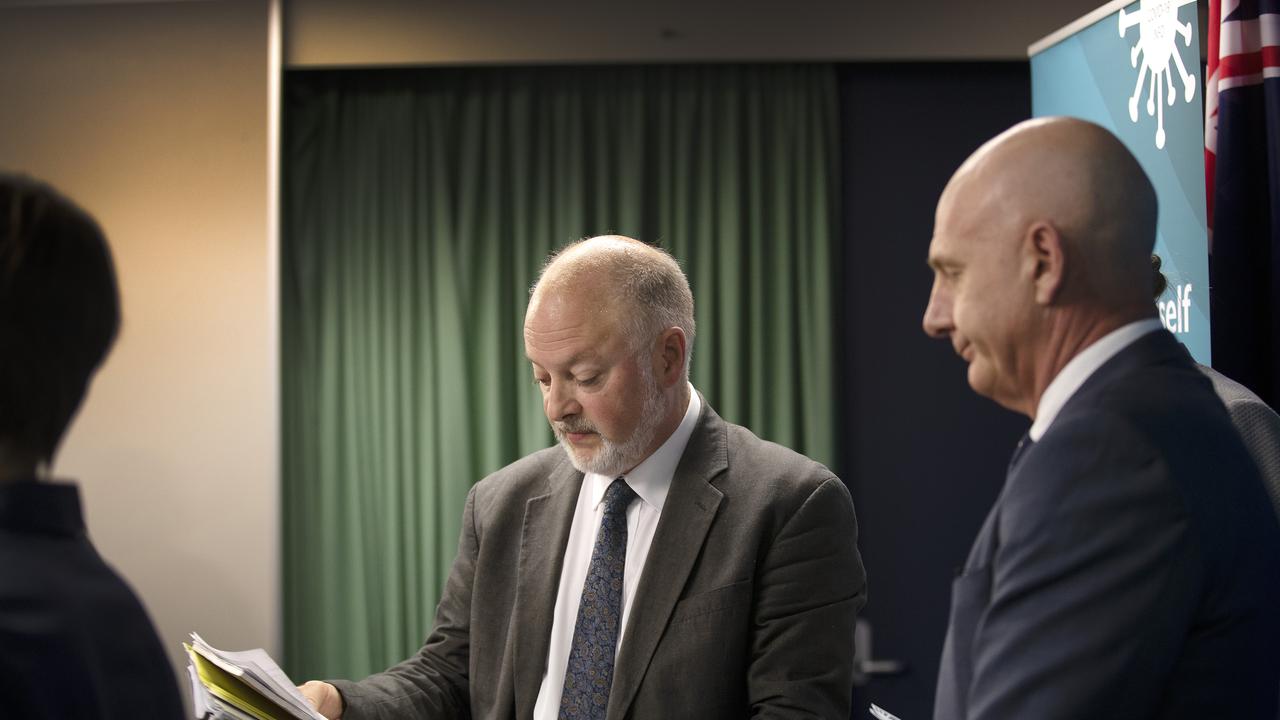 Tasmanian Premier Peter Gutwein and Acting Director of Public Health Dr Mark Veitch during a press conference at Hobart. Picture Chris Kidd