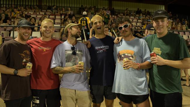 Friends Tommy Long, Clinton Peters, Jay Kirwood, Charlie, Corey and Patrick Long at the opening game of the NTFL 22/23 season. Picture: (A)manda Parkinson