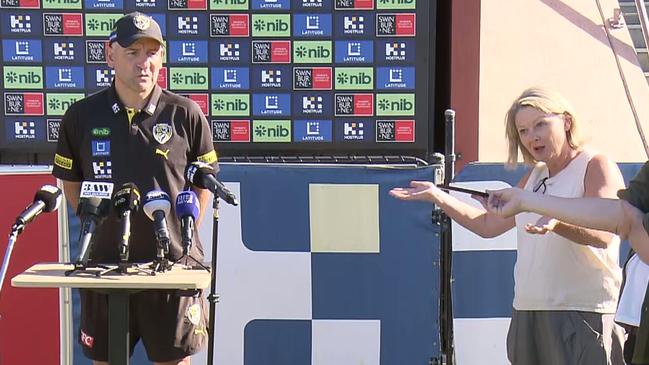 RIchmond coach Adem Yze amid a press conference on Wednesday, April 23, 2025.