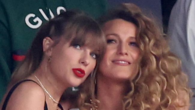 LAS VEGAS, NEVADA - FEBRUARY 11: Rapper Ice Spice, singer Taylor Swift and actress Blake Lively prior to Super Bowl LVIII between the San Francisco 49ers and Kansas City Chiefs at Allegiant Stadium on February 11, 2024 in Las Vegas, Nevada. (Photo by Steph Chambers/Getty Images)