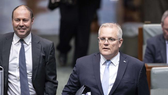 Treasurer Josh Frydenberg and Scott Morrison arrive for question time in the House of Representatives today. Picture: Gary Ramage