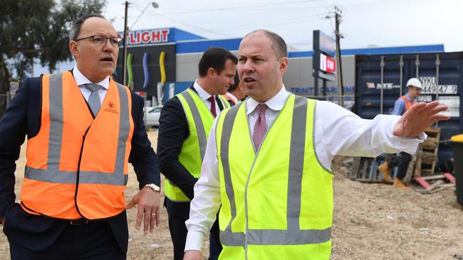 Treasurer Josh Frydenberg with Infrastructure Minister Corey Wingard at a Magill Road construction site. Picture: NCA NewsWire / David Mariuz