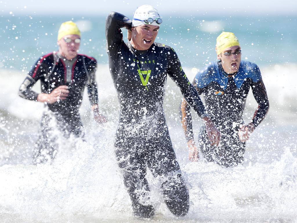 Finish of the Swim leg during the Men's Elite &amp; U23 Devonport Triathlon. PICTURE CHRIS KIDD