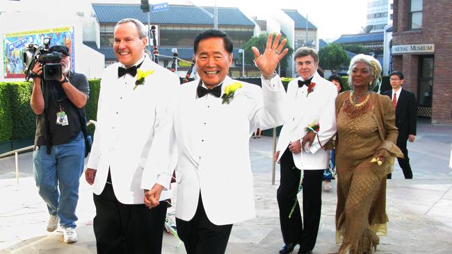 Takei and partner Brad Altman after getting married at the Japanese American National Museum on September 14, 2008 in Los Angeles.