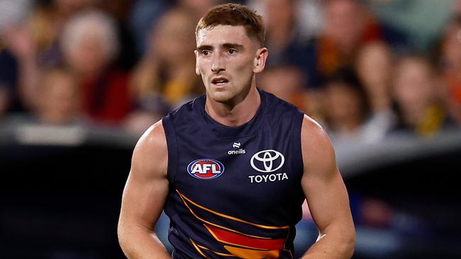 ADELAIDE, AUSTRALIA - APRIL 10: Mark Keane of the Crows in action during the 2025 AFL Round 05 match between the Adelaide Crows and the Geelong Cats at Adelaide Oval on April 10, 2025 in Adelaide, Australia. (Photo by Michael Willson/AFL Photos via Getty Images)