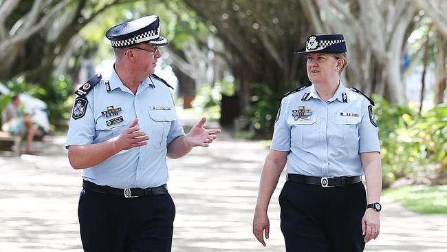 Head of the Queensland Government's Youth Crime Taskforce, Assistant Commissioner Cheryl Scanlon and Director of Queensland Youth Justice Michael Drane visited Cairns earlier this year to speak to local police about juvenile crime concerns in Far North Queensland. Picture: Brendan Radke