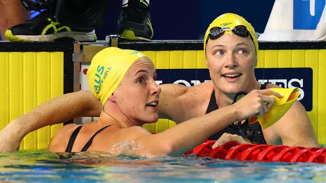 Cate and Bronte after the 50m final. Picture: Clive Rose/Getty Images