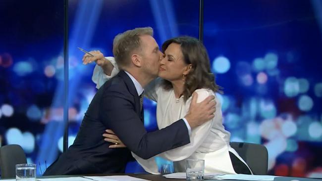 Wilkinson is kissed by Hamish McDonald as she announces her resignation from The Project. Picture Supplied