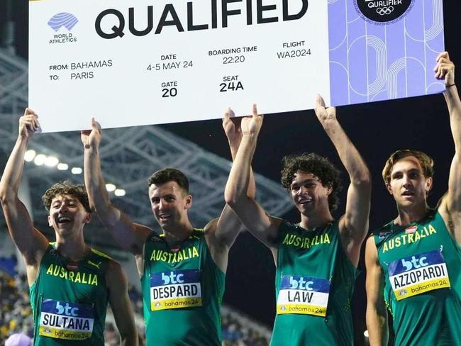 Hobart's Jacob Despard (second from left) helped Australia's 4x100m relay team qualify for the Olympics at the World Relays in the Bahamas on Sunday night. Picture: Athletics Australia