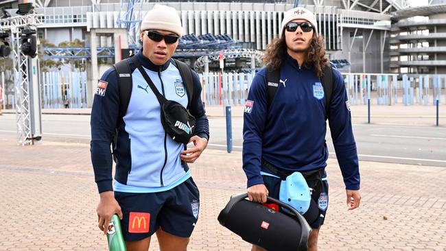 Jarome Luai, right, is renowned for carrying around his boom box and playing it before games. Picture: Grant Trouville