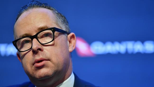 Qantas Chief Executive Officer Alan Joyce announces the Qantas Group half year results in Sydney, Thursday, February 21, 2019. Net profit for the six months to December 31 fell 16 per cent to $498 million, down a record $595 million a year ago. (AAP Image/Dean Lewins) NO ARCHIVING