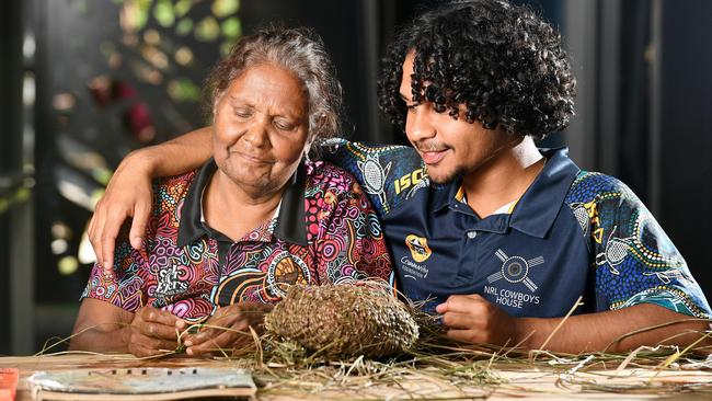 Helen Gordon from Cooktown with her grandson Leland Michael, NRL Cowboys House captain, at the NRL Cowboys House NAIDOC Week celebrations. This year's NAIDOC theme is 'For Our Elders'. Picture: Shae Beplate.