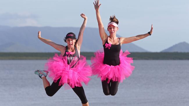 Tamara Rayment and Danielle Jennings are ecstatic at the end of the Mother's Day classic fun run/walk raising money for breast cancer research last year. Picture: Anna Rogers