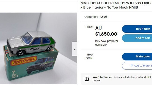 While another listing on eBay for a vintage VW Golf Matchbox car. is asking $1650. Picture: Supplied