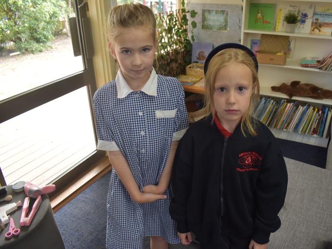 Matilda and Frankie at Mirboo North Primary School's first day of Grade Prep on Wednesday, January 29, 2025. Picture: Jack Colantuono