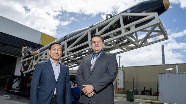 ATSpace chief executive Dr Yen Sen Chen and Asension chief executive Ian Spencer with the Kestrel rocket. Picture: Mark Brake