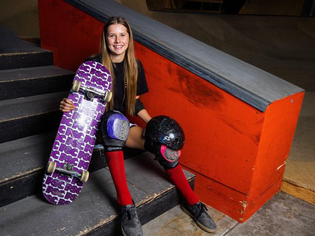 Skaters. Level Up Australia National Sports Academy has eight high class skateboarders, aged in their teens and younger, who are destined for the Olympics. Two are already set for Paris 2024 Games in Ash Wilcomes and Arisa Trew. Pictured 15-year-old Jada Ward. Picture: Nigel Hallett