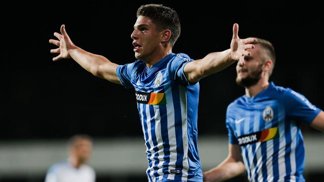 Fran Karacic celebrates scoring for Lokomotiva Zagreb.