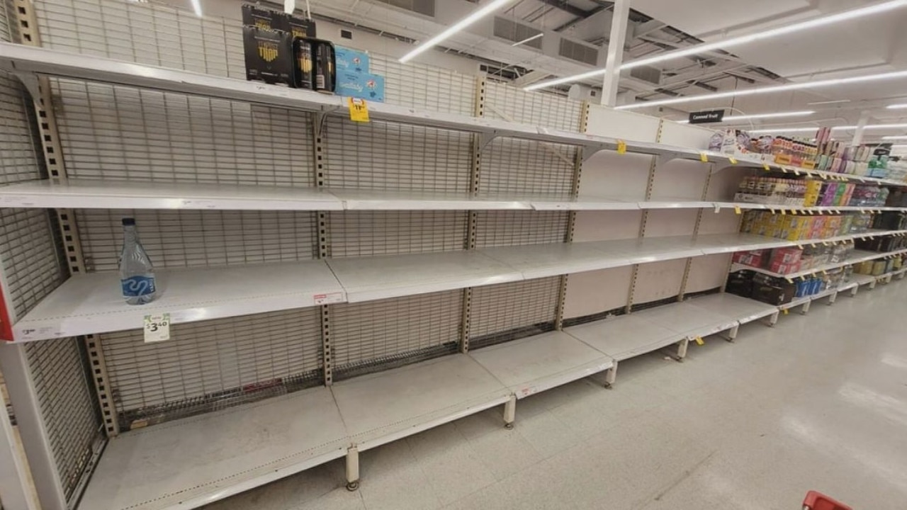 Shelves have been stripped bare of bottled water in northern Queensland supermarkets. Picture: 9 News.