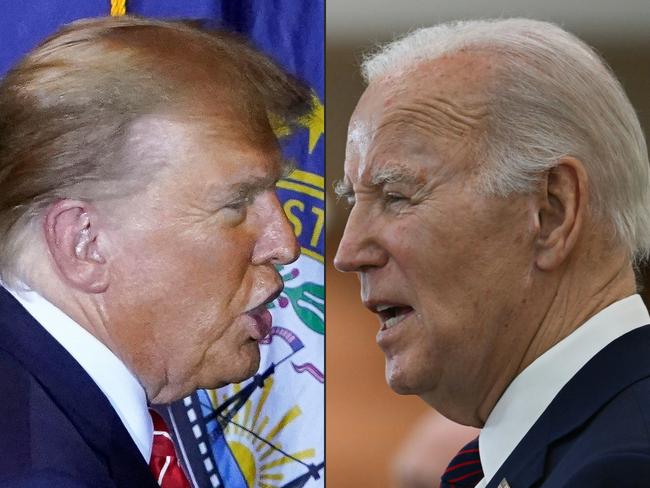 (FILES) This combination of file pictures created on March 6, 2024 shows, US Republican presidential hopeful and former US President Donald Trump in Concord, New Hampshire, on January 19, 2024; and US President Joe Biden in Culver City, California, on February 21, 2024. Biden and Trump will face off in a 90-minute debate with mutable microphones, CNN broadcaster CNN said on June 15, 2024, as it laid ground rules for the first in-person clash between the pair ahead of November's election. The rules for the June 27 debate, which will have two hosts and no studio audience, were agreed by the Biden and Trump campaigns, according to CNN. (Photo by TIMOTHY A. CLARY and ANDREW CABALLERO-REYNOLDS / AFP)
