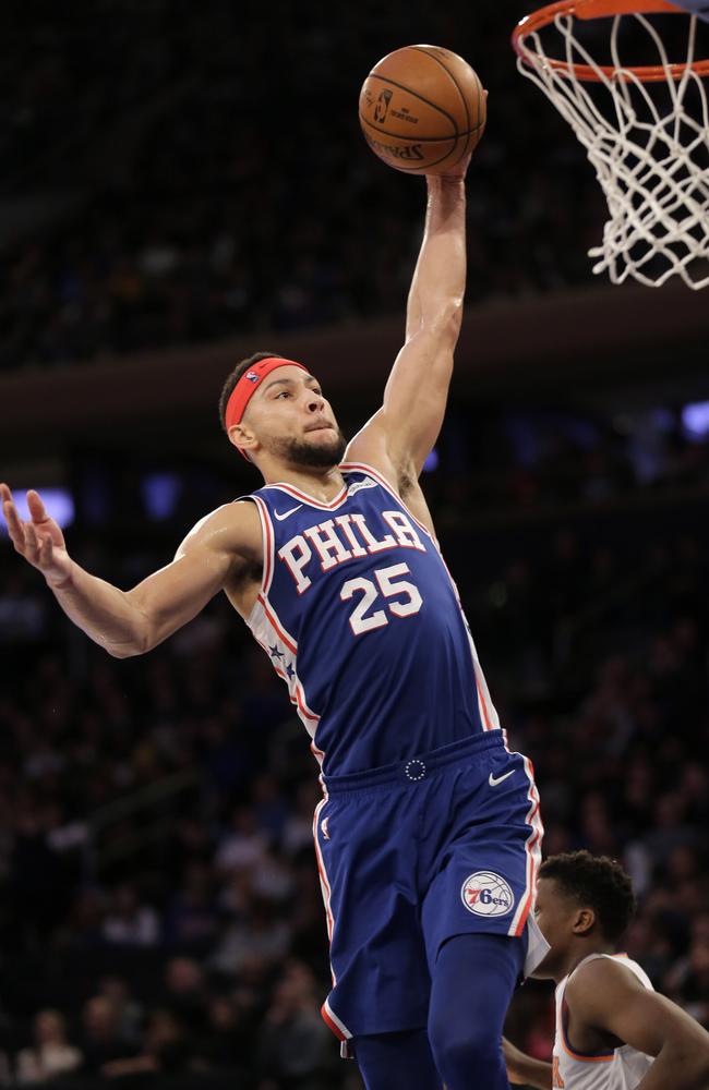 Ben Simmons in action during the 76ers win against the New York Kicks at Madison Square Garden yesterday. Picture: AP