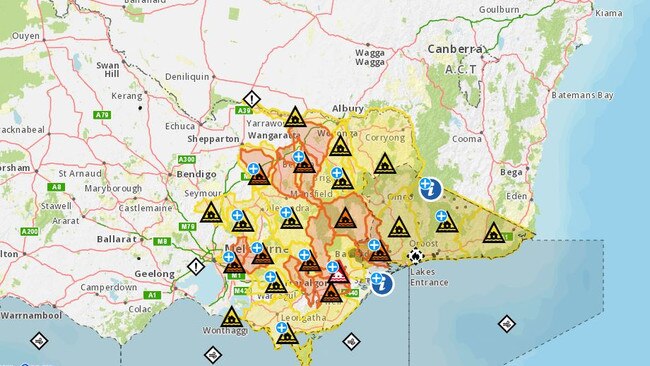 The Victoria Emergency map of flood warnings. Picture: Supplied