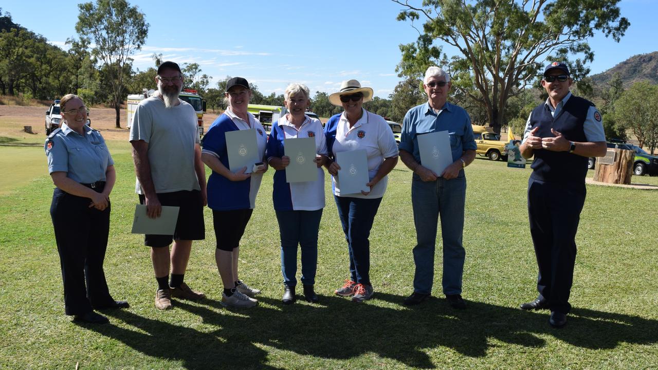 Springsure Local Ambulance Committee long service award recipients, Geoff Warner (30 years), Sue Priddle (15 years), Tony Warner (15 years), Tracey Warner (10 years), Ann Groves (10 years).The community gathered to celebrate 100 years of the Springsure Ambulance Station at the Springsure Golf Club on Saturday, May 22.