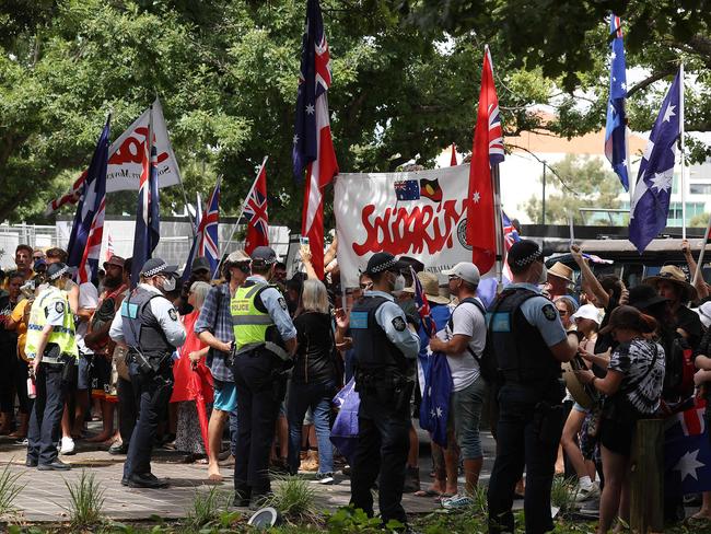 Protesters blocked the entrance to the National Press Club in Canberra. Picture: NCA NewsWire / Gary Ramage