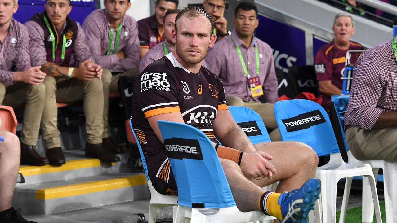 Matt Lodge watches on after pinging his hamstring on Friday night. Picture: Bradley Kanaris/Getty Images