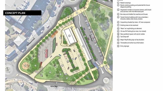 BUS STOPS HERE: Concept plan for the new transit centre in Gympie and (inset) a 3D visualisation of the centre. Picture: Contributed