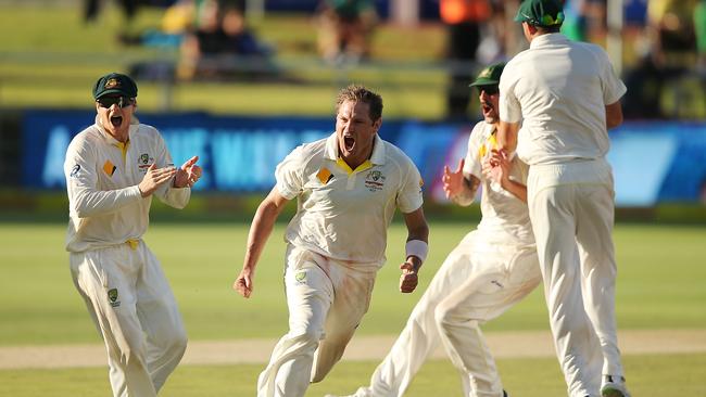 Ryan Harris celebrates after taking the series-clinching wicket in Cape Town.