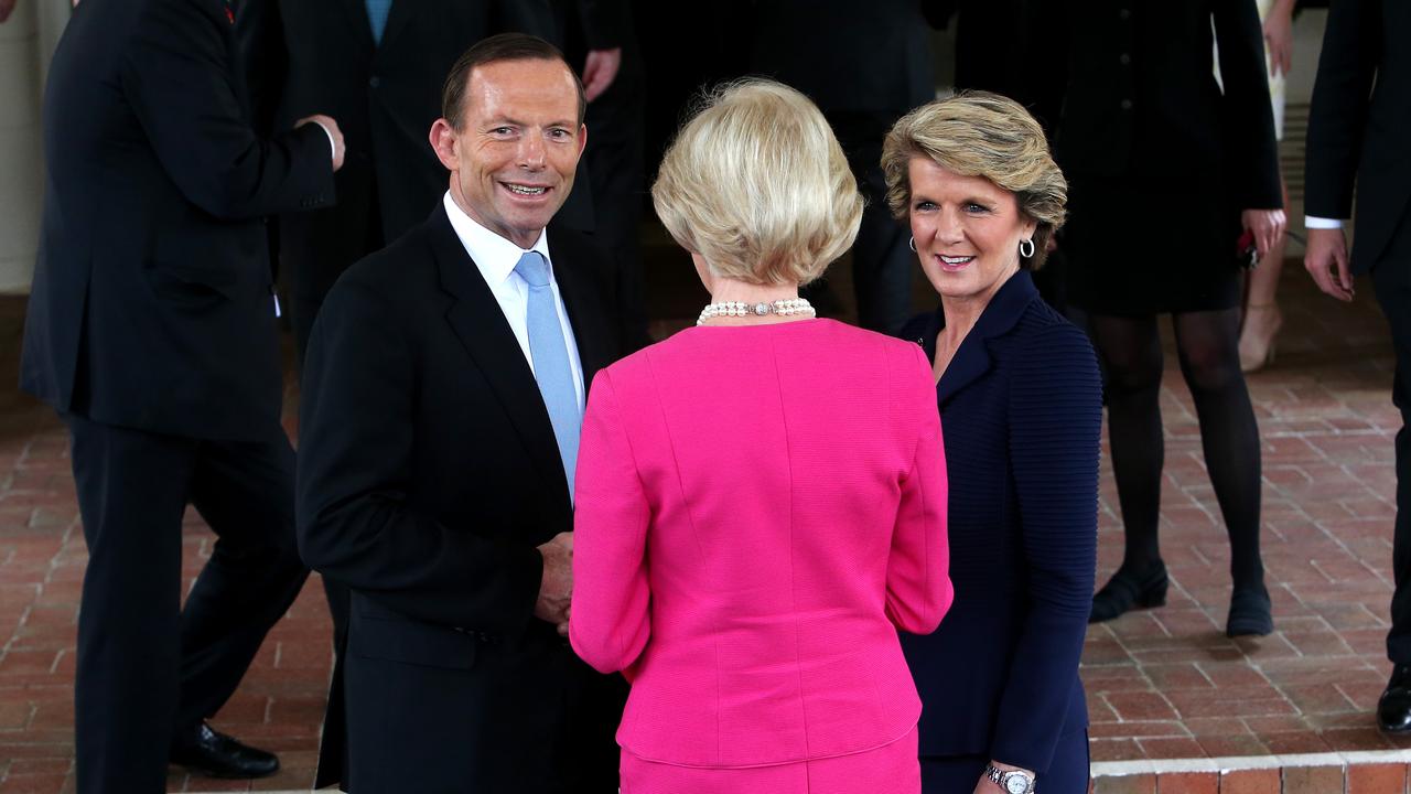 Bishop, with then prime minister Tony Abbott, and then governor-general Quentin Bryce, at her swearing-in ceremony as foreign affairs minister in 2012. 